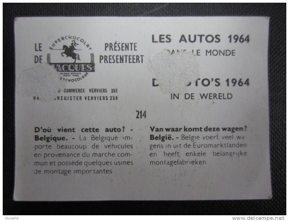 CHROMO (M33) LES AUTOS 1964 Dans Le Monde (2 Vues) N°214 D'où Vient Cette Auto? Belgique Chocolat Jacques Gilles  Binche - Jacques