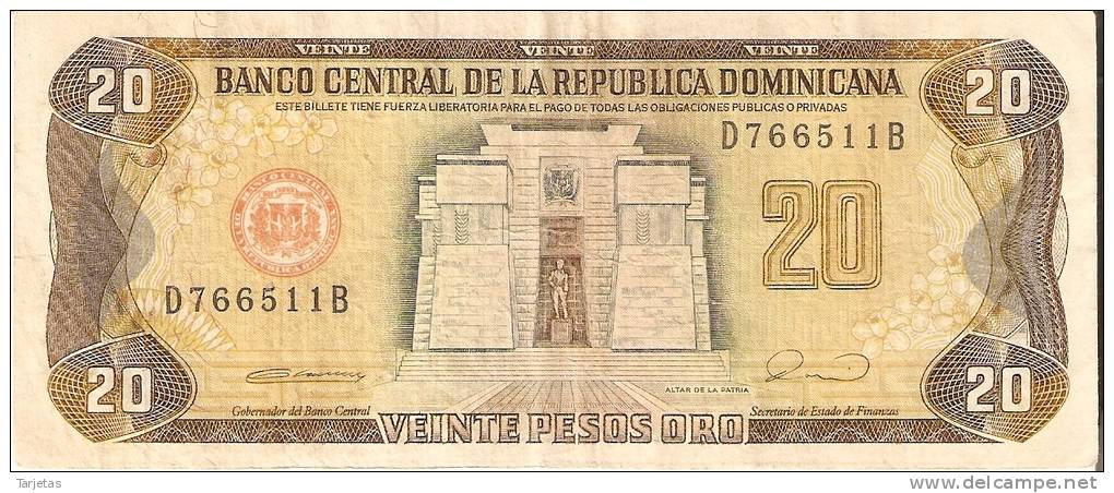 BILLETE DE REP. DOMINICANA DE 20 PESOS ORO DEL AÑO 1990 SERIE D (BANKNOTE) - República Dominicana