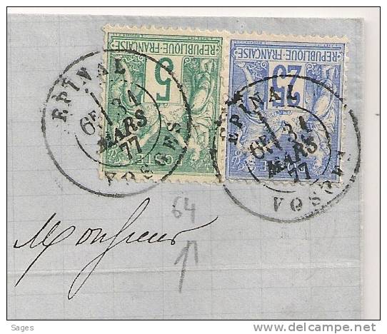 Lettre SAGE Tarif 30c AVEC 5C TYPE I EPINAL VOSGES Pour Alsace. Peu Commun - 1877-1920: Semi Modern Period