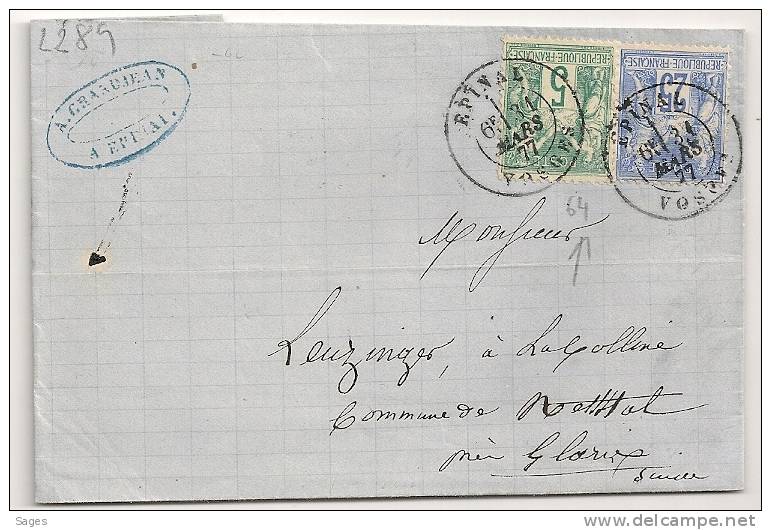 Lettre SAGE Tarif 30c AVEC 5C TYPE I EPINAL VOSGES Pour Alsace. Peu Commun - 1877-1920: Période Semi Moderne