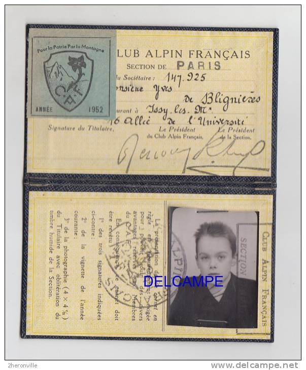 - Club Alpin Français - Carte De Membre 1951 / 1952 - DE BLIGNIERES à ISSY Les MOULINEAUX - Ski - Winter Sports