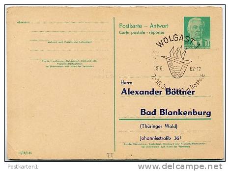 OSTSEEWOCHE WOLGAST 1962 Auf DDR P70 IIA Antwort-Postkarte ZUDRUCK BÖTTNER #1 - Cartes Postales Privées - Oblitérées