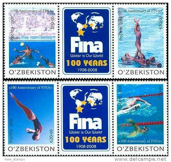 Uzbekistan 2008 Centenary Of FINA Swimming 2 Se-tenant Strip Of 3 MNH - Uzbekistan