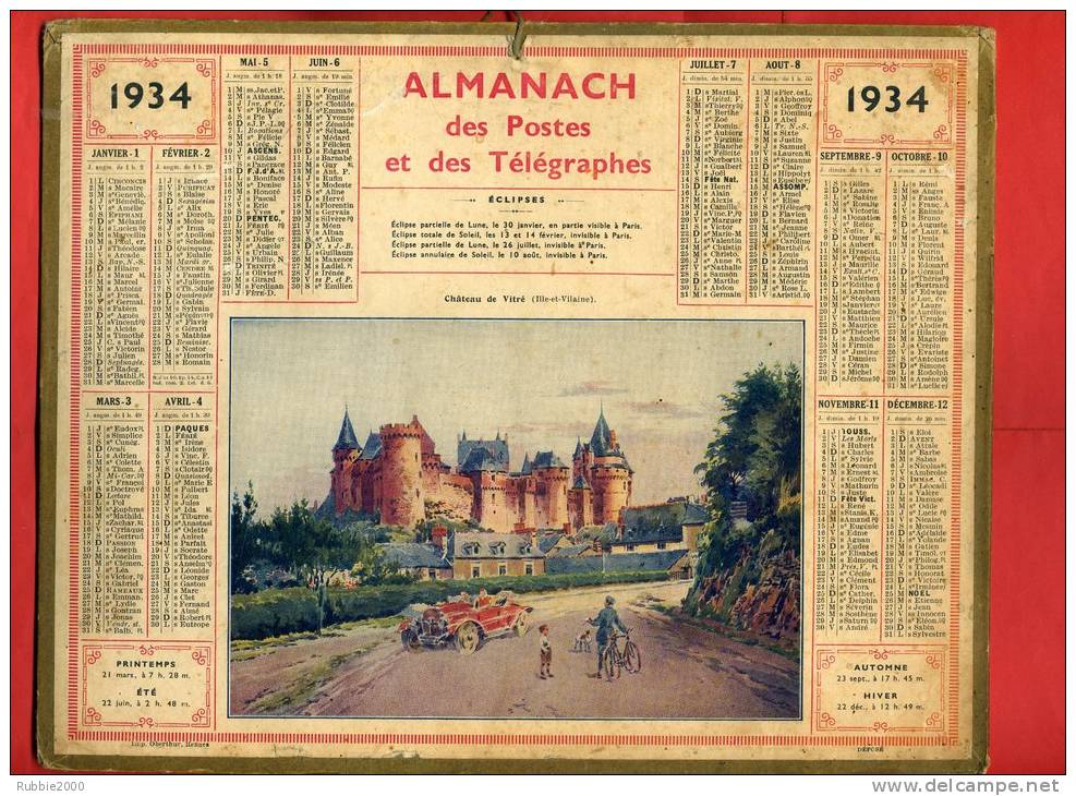 ALMANACH DES POSTES ET TELEGRAPHES 1934 CHATEAU DE VITRE ILLE ET VILAINE IMPRIMEUR OBERTHUR - Big : 1921-40