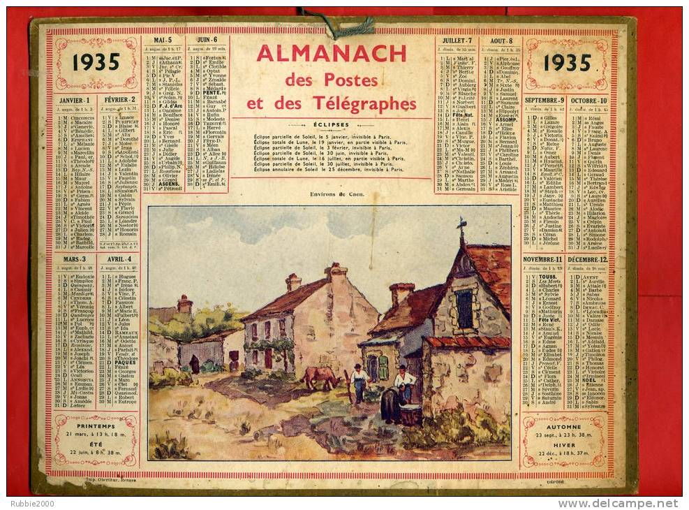 ALMANACH DES POSTES ET TELEGRAPHES 1935 ENVIRONS DE CAEN CALVADOS IMPRIMEUR OBERTHUR - Grand Format : 1921-40