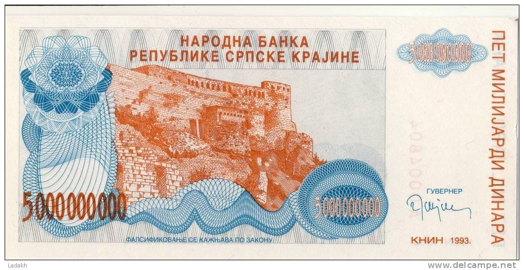 BILLET REPUBLIQUE SERBE DE  KRAJINA ( CROATIE ) #  5 000 000 000 DINARS #  1993  # NEUF - Croacia