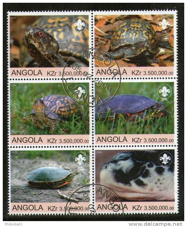 Angola 2000 Tortoise Reptiles Amphibians Fauna Setenant BLK/6 Cancelled # 13491 - Schildpadden