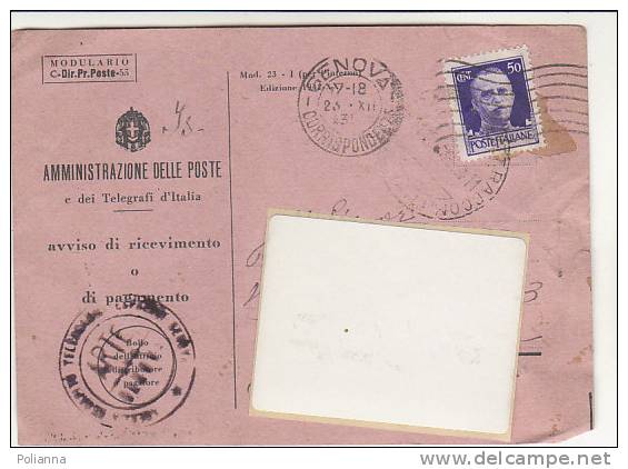 A2155 - RSI - 50 Cent Imp Uso Tardivo Su Avviso Ricevimento VG Genova-Roma 23-12-1943 - Poststempel