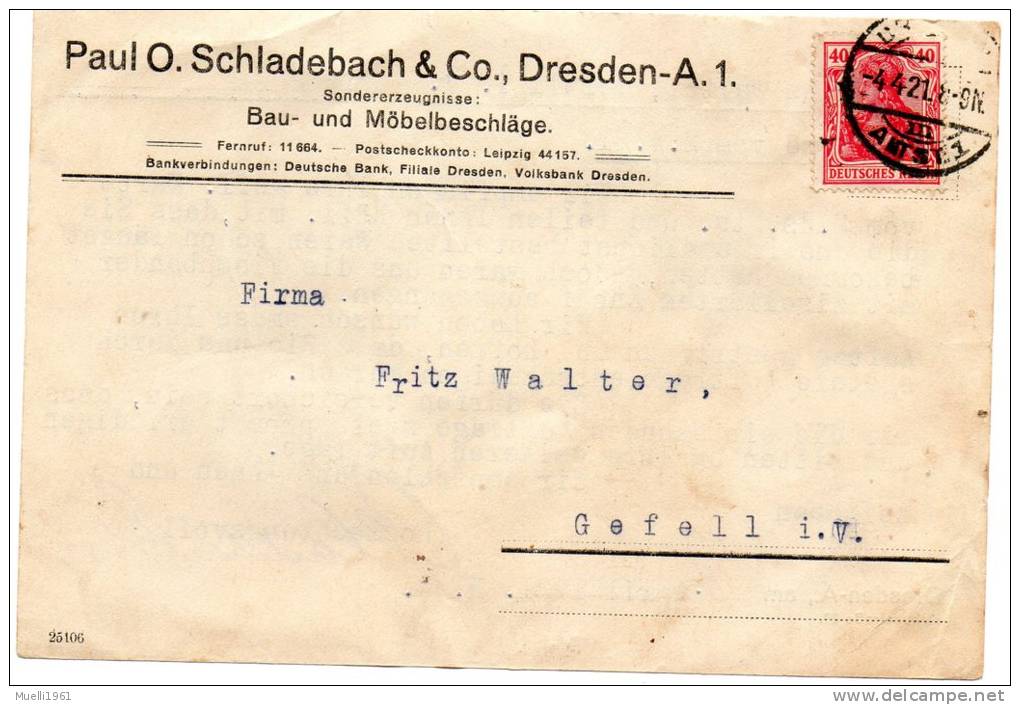 Postkarte, 1921, Dresden Nach Gefell - Andere & Zonder Classificatie