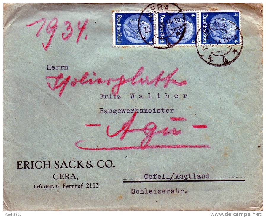 Brief, 1934, Gera   Nach Gefell - Other & Unclassified