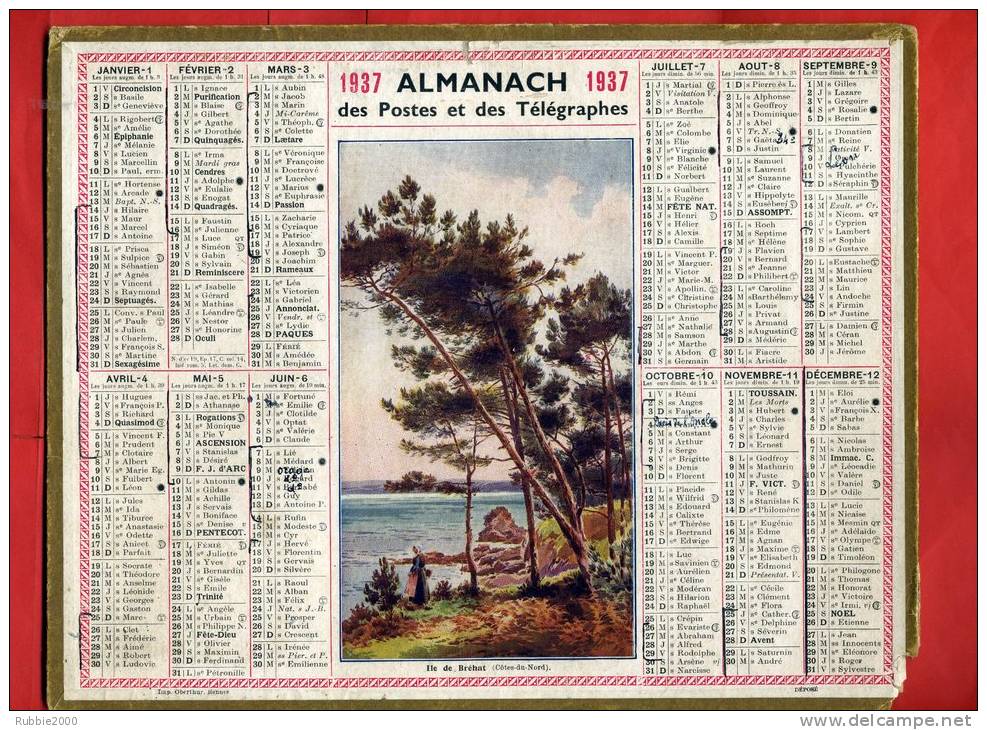 ALMANACH DES POSTES ET TELEGRAPHES 1937 ILE DE BREHAT COTES DU NORD IMPRIMEUR OBERTHUR - Grand Format : 1921-40