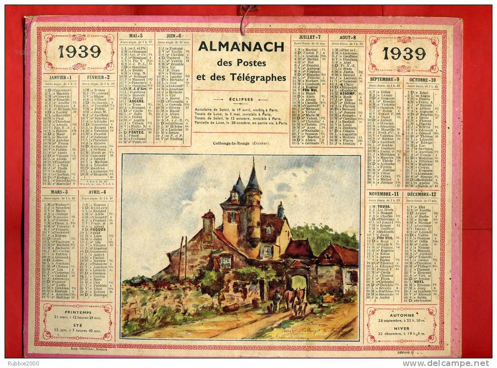 ALMANACH DES POSTES ET TELEGRAPHES 1939 COLLONGE LA ROUGE CORREZE IMPRIMEUR OBERTHUR - Grand Format : 1921-40