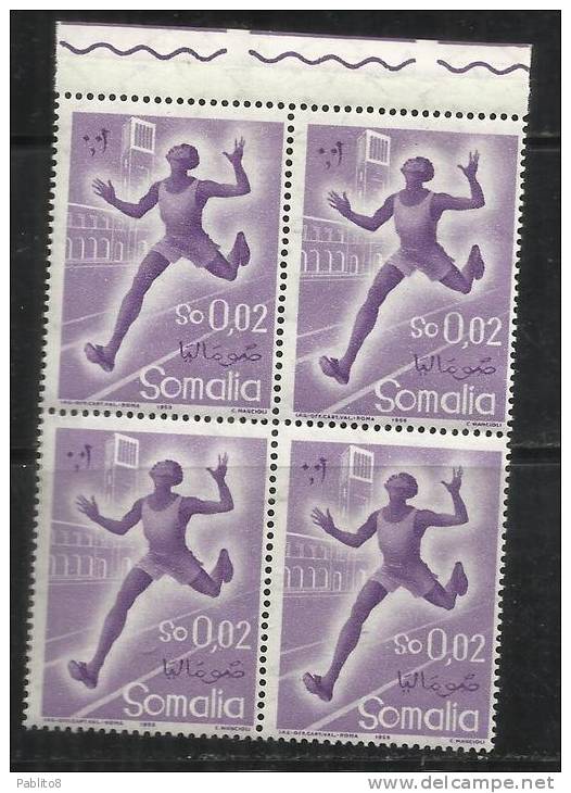 SOMALIA AFIS 1958 SPORT SPORTS CENT. 2c MNH QUARTINA BLOCK - Somalia (AFIS)