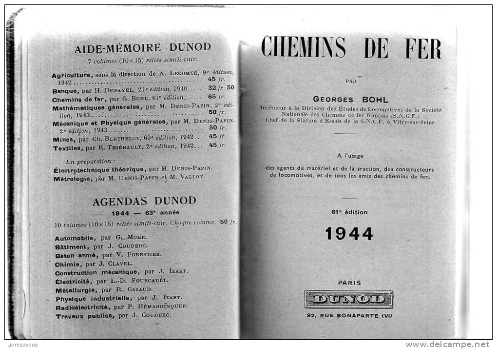 Chemins De Fer Aide-Mémoire DUNOD De 1944 Par Georges Bolh - Chemin De Fer & Tramway