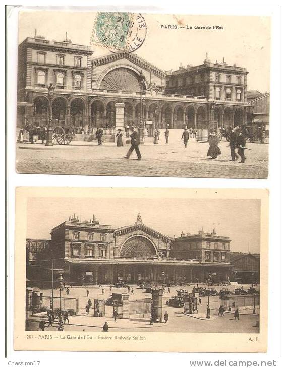 75 - PARIS 10e  -   Lot De 2 Cartes - La Gare De L' Est   -   Animation  Calèches, Voitures.... - Métro Parisien, Gares