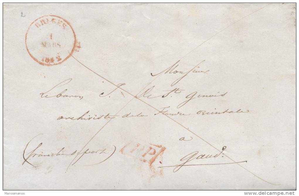 628/20 - Lettre Précurseur 1842 BRUGES PP Franco Vers GAND - 1830-1849 (Belgique Indépendante)