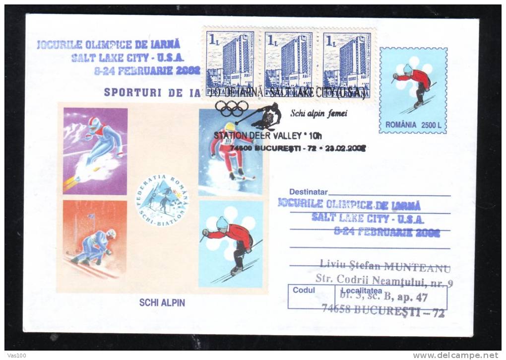 SALT LAKE CITY, WINTER OLYMPIC GAMES, 2002, COVER STATIONERY, ENTIER POSTAL, OBLITERATION CONCORDANTE, ROMANIA - Hiver 2002: Salt Lake City