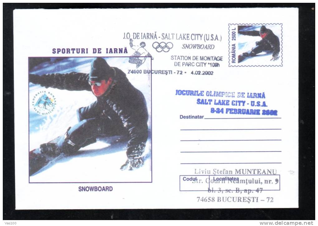 Romania Very Rare Stationery 2002 Salt Lake City,SKIING MAN - Hiver 2002: Salt Lake City