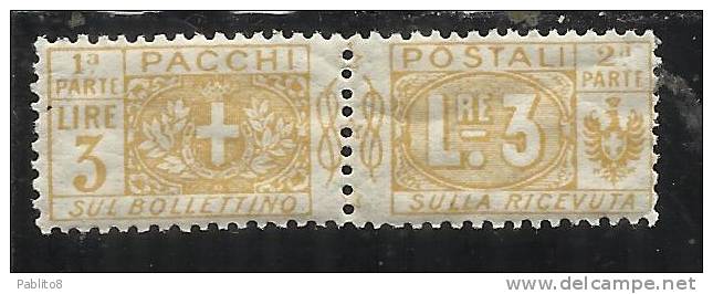 ITALY KINGDOM ITALIA REGNO PACCHI POSTALI 1914 - 1922  NODO DI SAVOIA LIRE 3  MNH - Postal Parcels