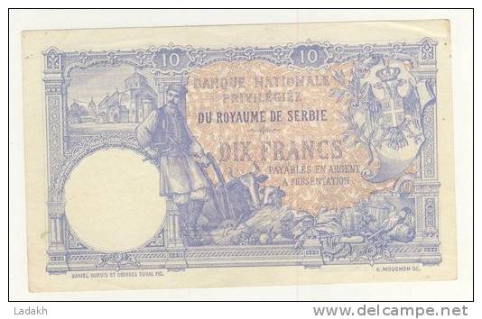 BILLET DE SERBIE # 10 FRANCS # DIX FRANCS  # 2 JANVIER 1893 # MOUCHON # - Serbia