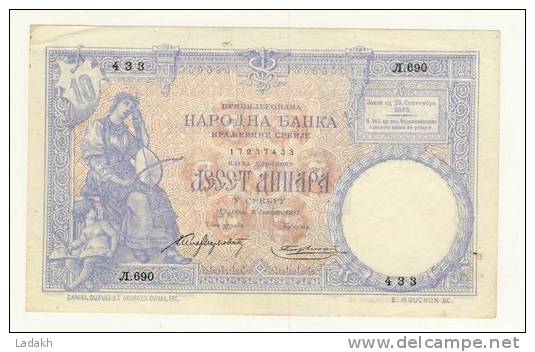 BILLET DE SERBIE # 10 FRANCS # DIX FRANCS  # 2 JANVIER 1893 # MOUCHON # - Serbia