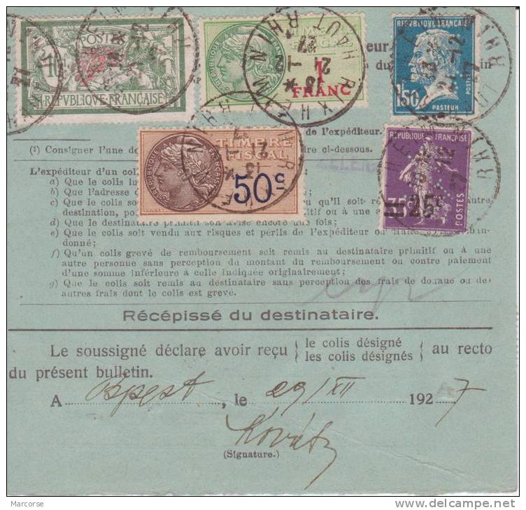 Alsace-Lorraine Bulletin Expédition Colis Postal Hongrie Merson Pasteur Semeuse Perforés ZUBER Timbres Fiscaux SUP! - 1900-27 Merson