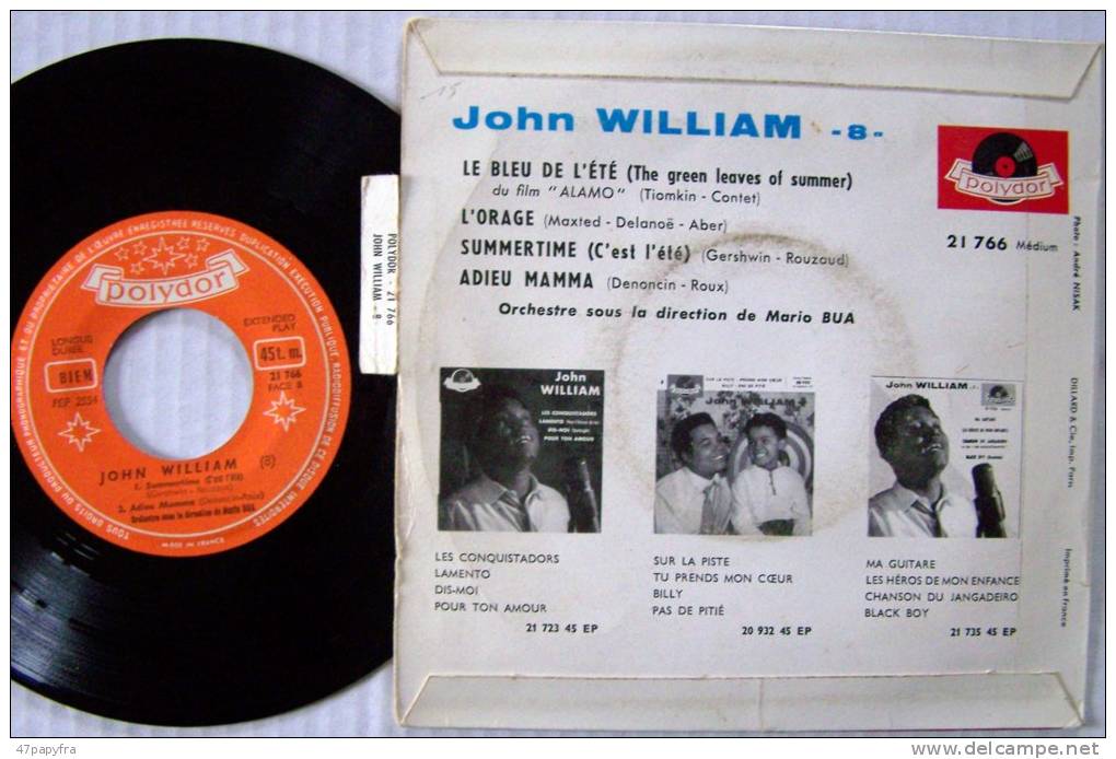 John WILLIAM 45T EP VINYLE  ORIGINALLe Bleu De L'été Du Film " Alamo"  EX / EX - 45 T - Maxi-Single