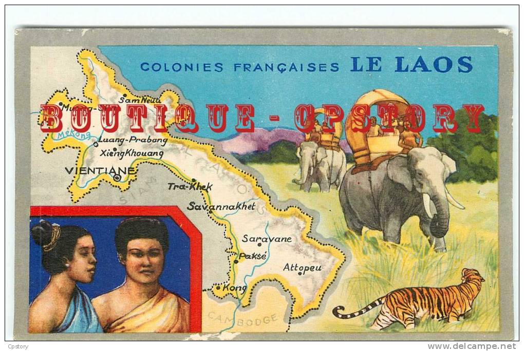 LAOS - Carte Géographique + Détail - Elephant + Tigre - Ressouces = Bois + Elevage Boeufs + Riz - Boudhiste - Dos Scanné - Laos