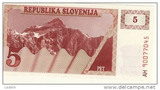 BILLET DE SLOVENIE # 5 TOLARS  # CINQ TOLARS  #  AH 90077045 # 1990 - Slowenien