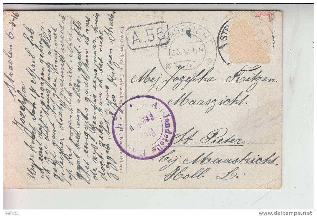 4172 STRAELEN, Bürgermeisteramt 1916, COLOR,  Briefmarke Fehlt, Auslands-Zensur - Straelen