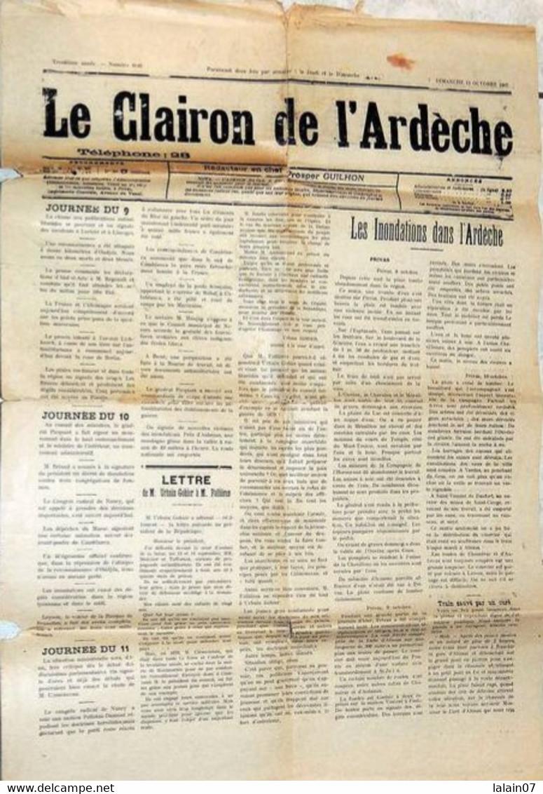 Journal : Le Clairon De L'Ardeche Du 13 Octobre 1907 - Rhône-Alpes