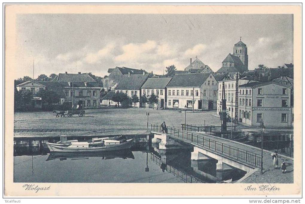 WOLGAST Am Hafen Restaurants Fremdenzimmer Pferde Wagen Boote Bläulich 4.9.1929 Gelaufen - Wolgast