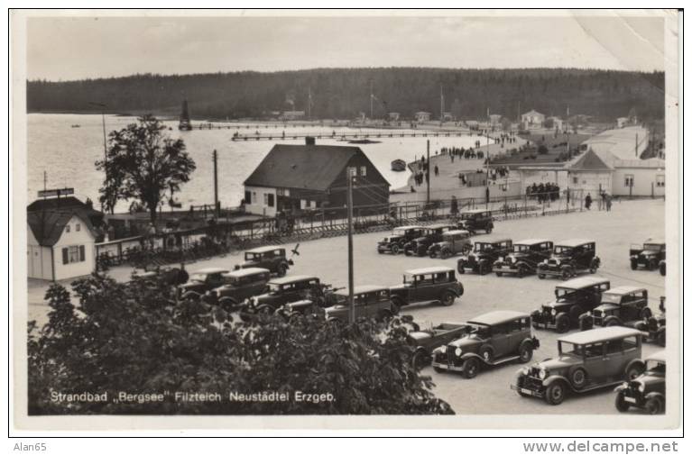 Strandbad 'Bergsee' Filzteich, Schneeberg Germany, Autos, Bathing Beach Lake, C1930s Vintage Postcard - Schneeberg