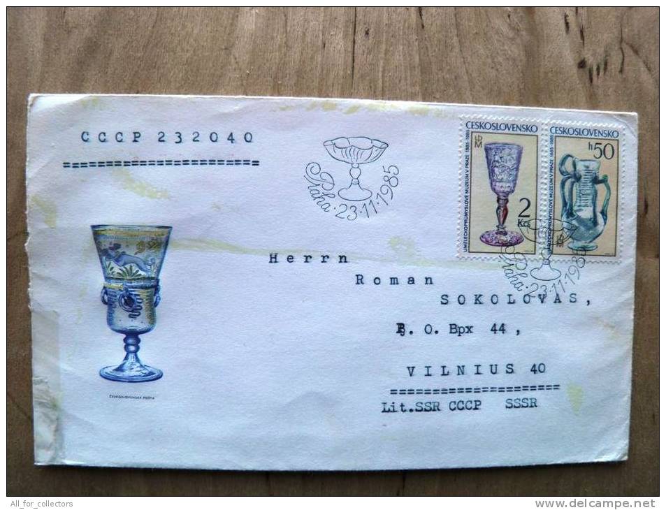 Cover Sent From Czechoslovakia To USSR Lithuania On 1985.11.23 Fdc Cancel, Art Glass Vase Museum Praha , 2 Scans - Lettres & Documents