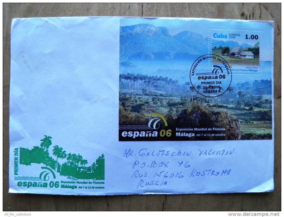 2 Scans, Cover Sent  To Russia 2007, Block FDC Espana 06 Philatelic Exhibition Malaga Landscape Mountains - Cartas & Documentos