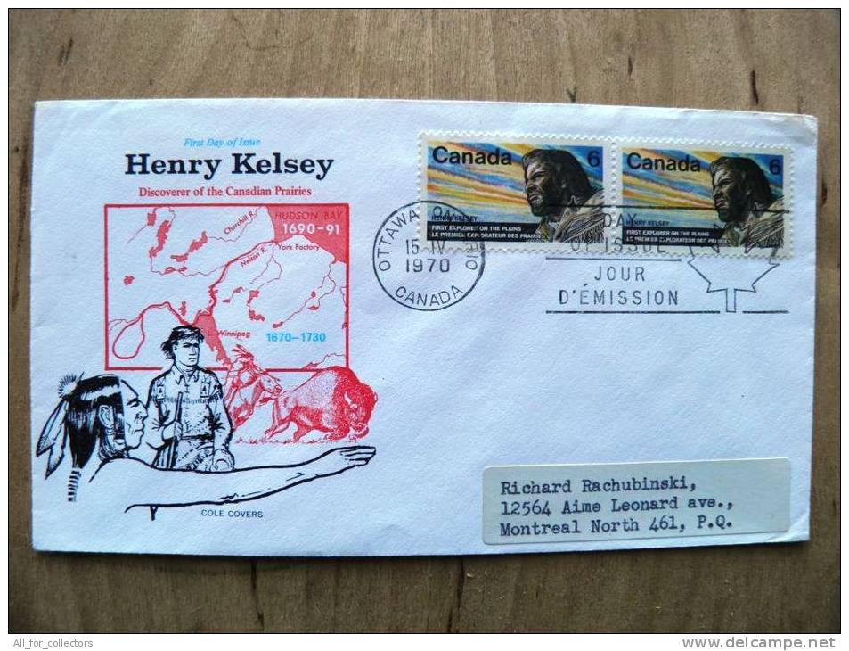 Cover Sent From Canada, Fdc Cancel 1970, Henry Kelsey First Explorer On The Plains, Map Injun - Commemorativi