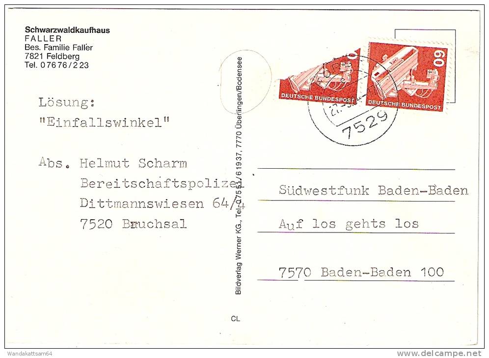 AK Schwarzwaldkaufhaus FALLER Bes. Familie Faller 7821 Feldberg 27.-3.84 - 17 7529 FORST Nach 7570 Baden-Baden - Feldberg