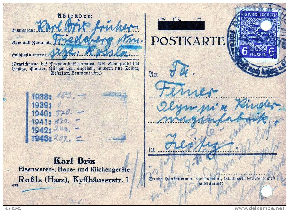 Postkarte, Firmenpost, 1945, Roßla Im Harz  Nach  Zeitz, - Sonstige & Ohne Zuordnung