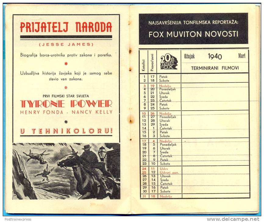 Kingdom YU. Croatia.The 20th Centuri Fox Forward Calendar 1939/1940. (16,5cmX10,2cm.) - Kleinformat : 1921-40