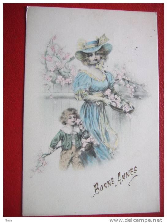 NOUVEL AN - CARTE ILLUSTREE - FEMME AVEC UN ENFANT - FLEURS.... - Neujahr