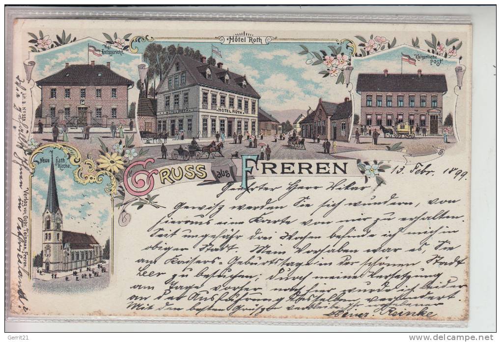 4452 FREREN, Lithographie 1899, Kath.Kirche, Amtsgericht, Post, Hotel Roth - Meppen