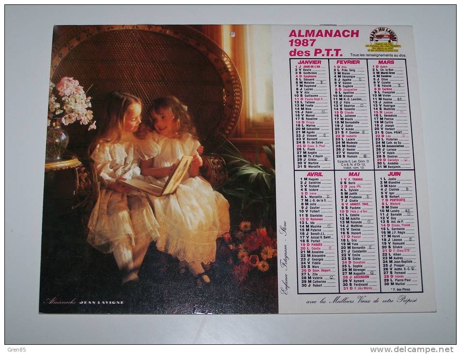 1987 CALENDRIER (double) ALMANACH DES PTT, P.T.T, JEAN LAVIGNE, ENFANTS, ARDENNES 08 - Grand Format : 1981-90