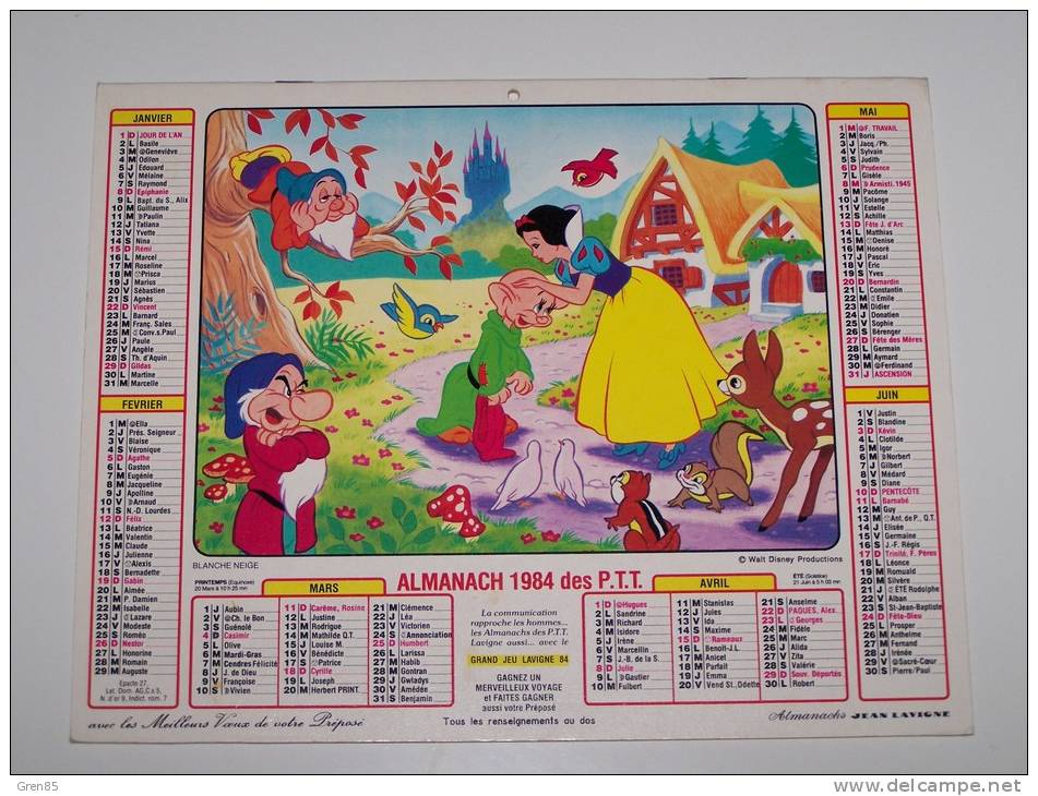 1984 CALENDRIER (double) ALMANACH DES PTT, P.T.T, JEAN LAVIGNE, BLANCHE NEIGE, MICKEY, DONALD, WALT DISNEY, ARDENNES 08 - Grand Format : 1981-90