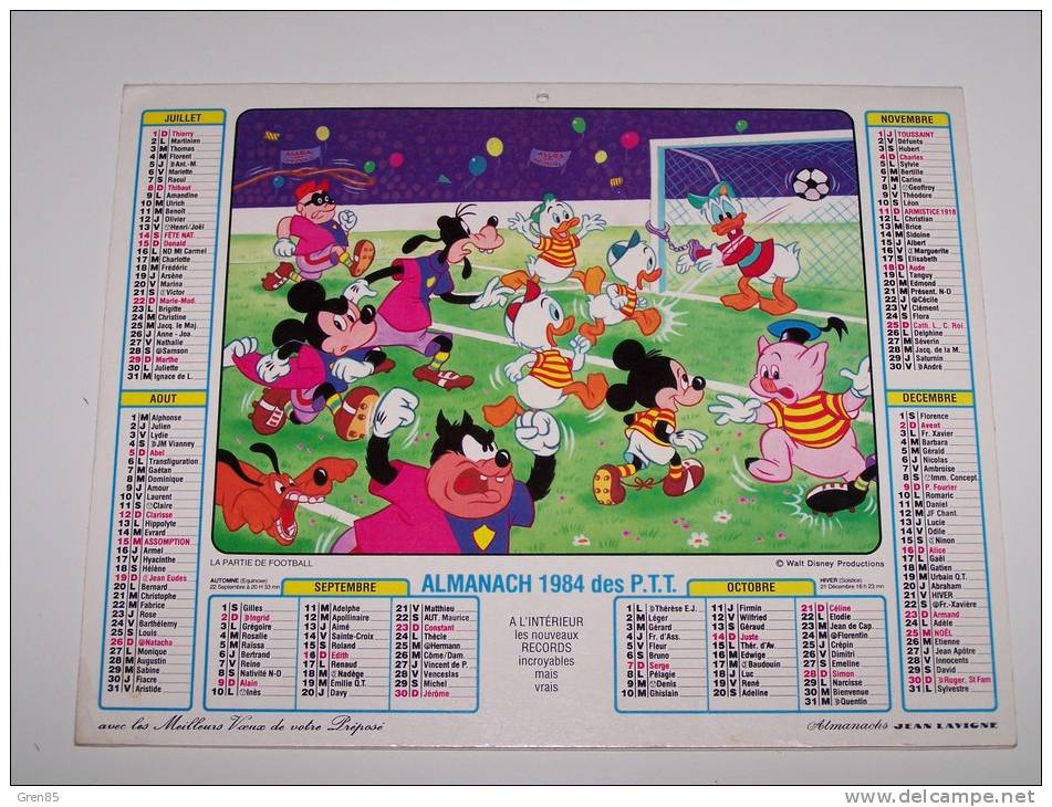 1984 CALENDRIER (double) ALMANACH DES PTT, P.T.T, JEAN LAVIGNE, BLANCHE NEIGE, MICKEY, DONALD, WALT DISNEY, ARDENNES 08 - Grand Format : 1981-90