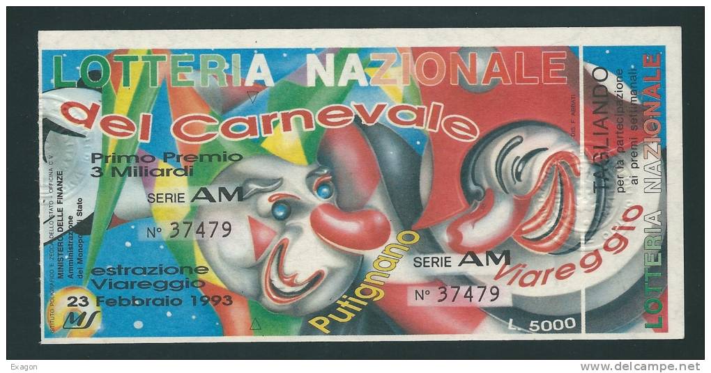 Biglietto LOTTERIA  DEL  CARNEVALE   -  Anno 1993.-  Estraz.  23 Febbraio 1993. - Billets De Loterie