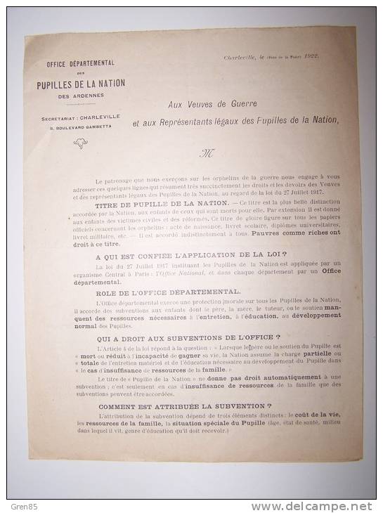 FASCICULE OFFICE DEPARTEMENTAL DES PUPILLES DE LA NATION DES ARDENNES, BD GAMBETTA A CHARLEVILLE, 1922 - Documenti