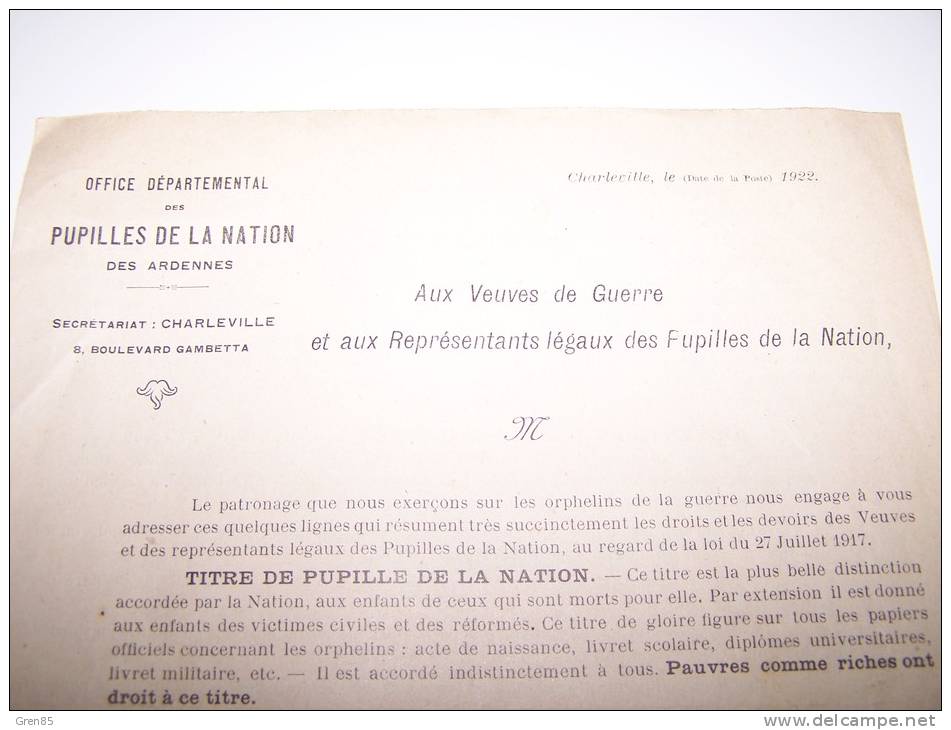 FASCICULE OFFICE DEPARTEMENTAL DES PUPILLES DE LA NATION DES ARDENNES, BD GAMBETTA A CHARLEVILLE, 1922 - Documenti