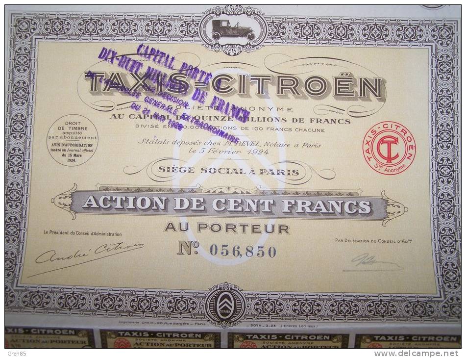 * ACTION DE CENT FRANCS AU PORTEUR TAXIS CITROEN * - Automobile