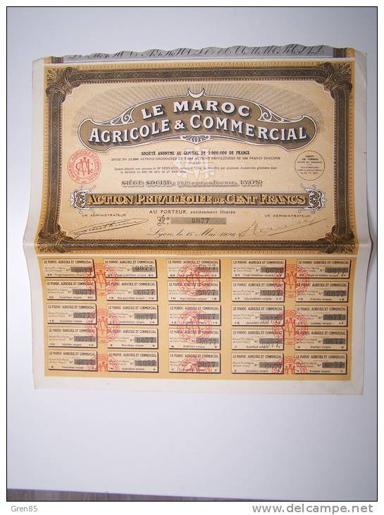 * ACTION AU PORTEUR PRIVILEGIEE DE CENT FRANCS LE MAROC AGRICOLE ET COMMERCIAL * - Agricoltura
