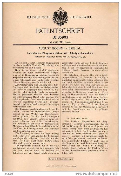 Original Patentschrift - A. Boehm In Breslau , 1894 , Flugmaschine , Luftschiff , Segelflug , Segler , Flugzeug !!! - Aviation